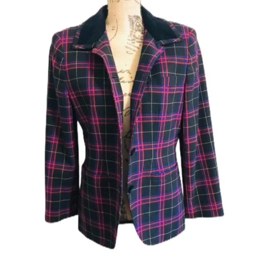 Vintage Dark Academia Plaid Blazer 100% Pure Wool Valerie Stevens